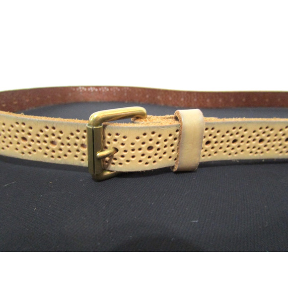 J Crew Beige Tan Perforated Leather Brass Buckle Belt Women Sz L, 34"-38" - Picture 3 of 9